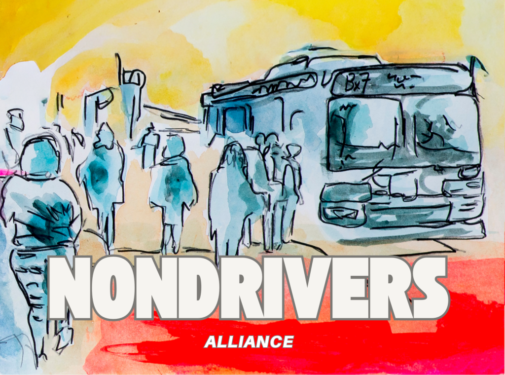 watercolor and ink drawing of people boarding a bus with the text "Nondrivers Alliance"
